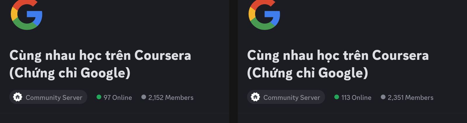 Hai ảnh chụp server Discord Cùng nhau học trên Coursera (Chứng chỉ Google): 2,152 thành viên ngày 04.02.2024 và 2,351 thành viên ngày 03.03.2024