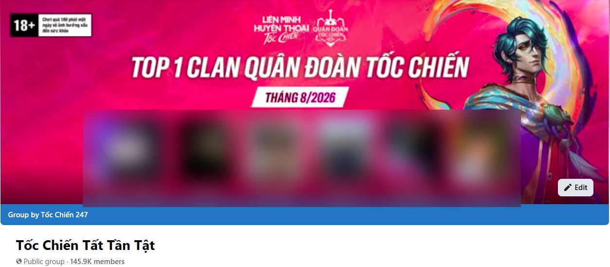 Trang group Tốc Chiến Tất Tần Tật 145.9K thành viên, ảnh bìa vinh danh Top 1 Clan Quân Đoàn Tốc Chiến tháng 8/2026