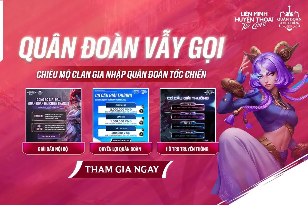 Poster Quân Đoàn vẫy gọi - chiêu mộ clan gia nhập Quân Đoàn Tốc Chiến với 3 quyền lợi: giải đấu nội bộ, quyền lợi quân đoàn, hỗ trợ truyền thông